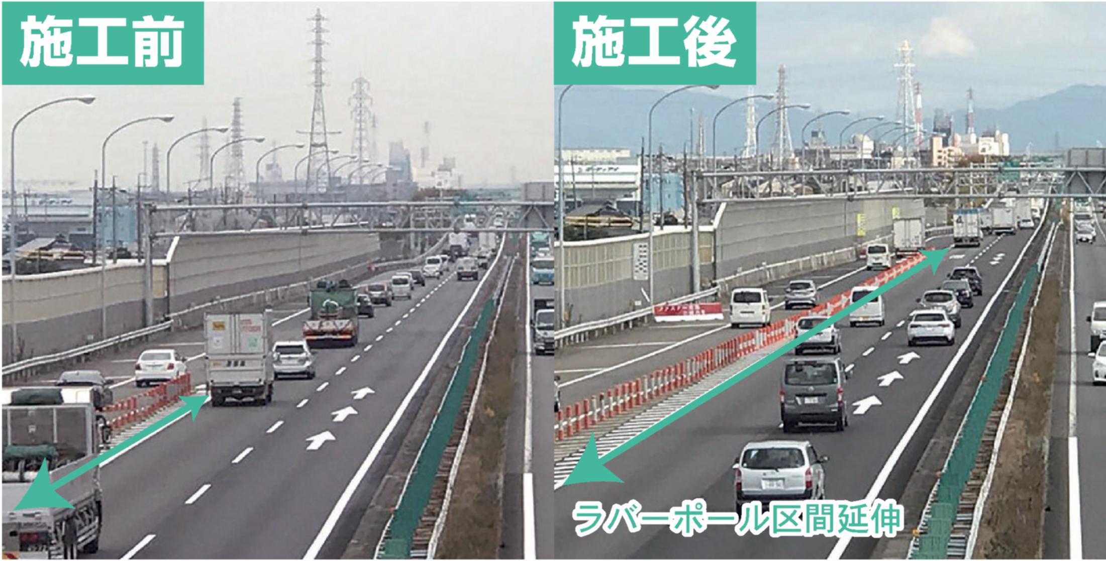 名神高速道路岐阜羽島IC・一宮IC間の渋滞緩和のため、高速道路で初の「ファスナー合流」が導入され、渋滞時間が約3割減少1